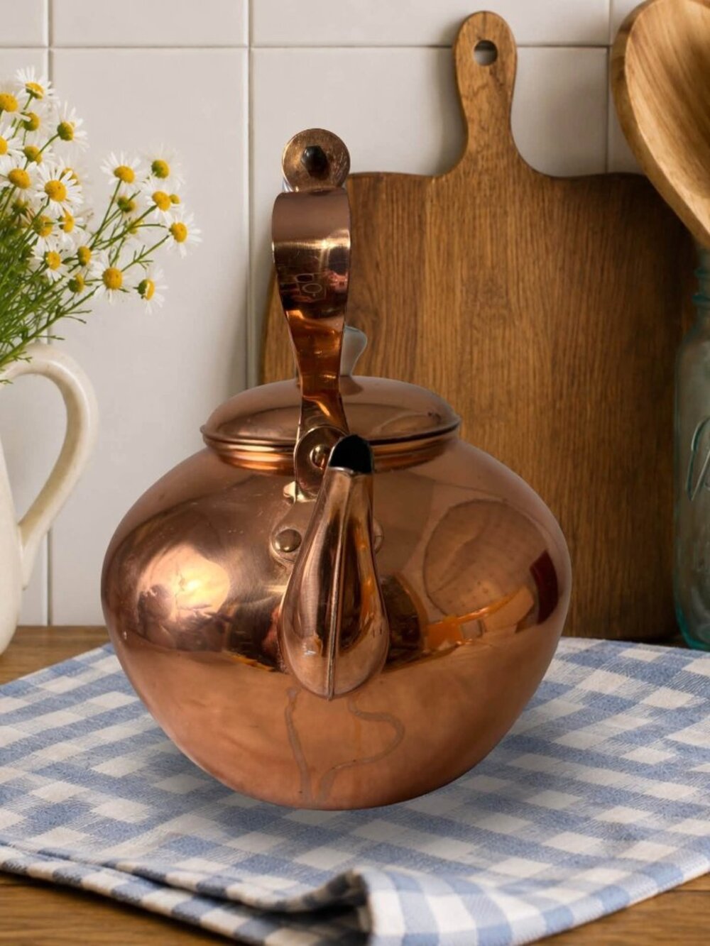 Vintage ODI Solid Copper Tea Kettle Portugal Blue White Porcelain Handle Cottage - Picture 2 of 10